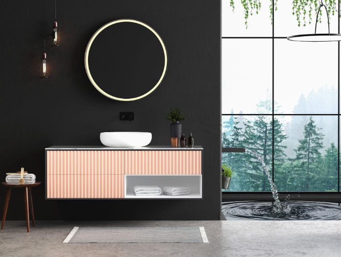 Industrial Bathroom Design with Floating Vanity and Warm Backlit Mirror