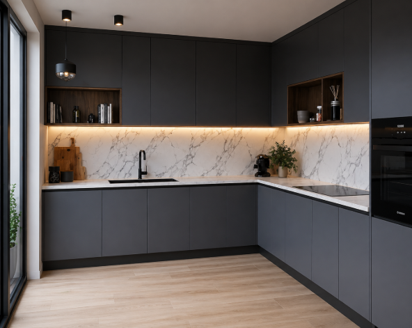 Grey L-Shaped Minimal Kitchen Design With Marble Backsplash Mirrors gallery