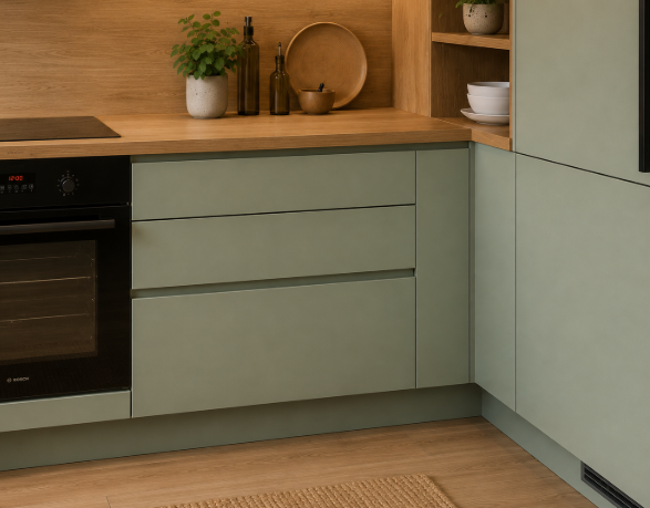 Sage Green Scandinavian L-Shaped Kitchen Design with Wooden Backsplash gallery