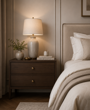 Refined Beige Bedroom with Premium Upholstered Headboard Design gallery