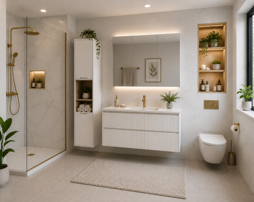 Luxury Contemporary Bathroom Furniture Design with Floating Vanity, Integrated Storage Solutions, Premium Stone Countertop and Elegant Ambient Lighting gallery