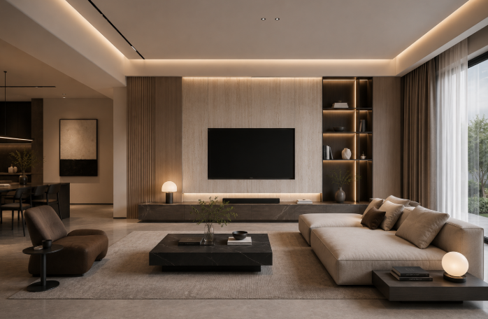 Edit Edit Edit Edit Edit Edit close up shot of black chair in this image Edit close up shot tv unt Edit genrate name fro this living room  The Imperial Walnut Harmony Living Lounge with Minimal Luxe Ambient Elegance
