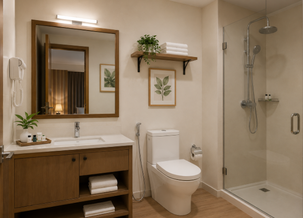 The Grand Walnut Serenity Luxury Bathroom Retreat with Warm Ambient Elegance and Contemporary Spa Inspired Comfort Design
