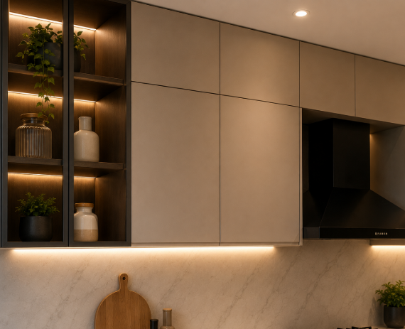 Premium Contemporary Island Kitchen Design with Soft Beige Cabinetry, LED-Lit Display Shelves and Elegant Marble Finish gallery