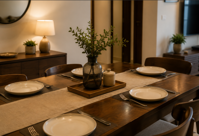 The Warm Walnut Serenity Living Lounge with Modern Minimalist Dining Elegance gallery
