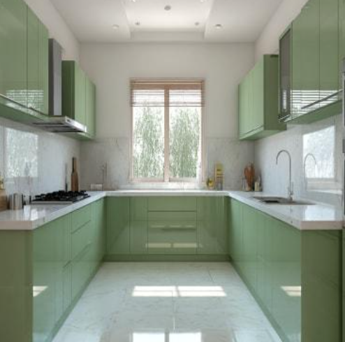 Sage Green Contemporary U-Shaped Kitchen Design with High Gloss Cabinets