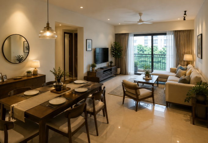 The Warm Walnut Serenity Living Lounge with Modern Minimalist Dining Elegance