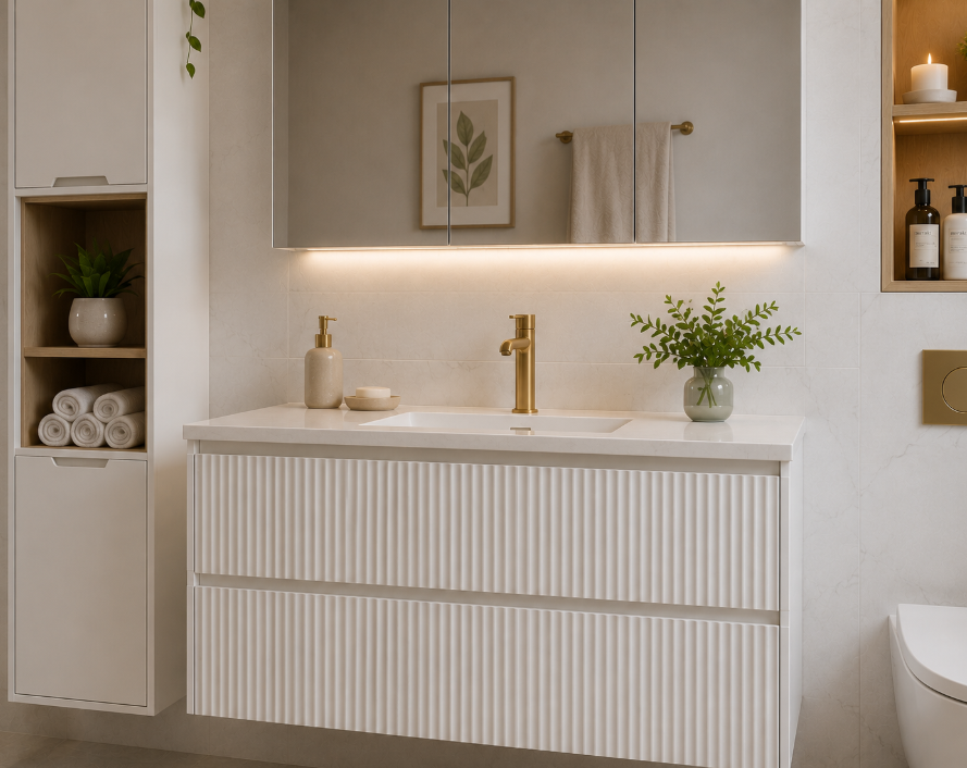 Luxury Contemporary Bathroom Furniture Design with Floating Vanity, Integrated Storage Solutions, Premium Stone Countertop and Elegant Ambient Lighting gallery