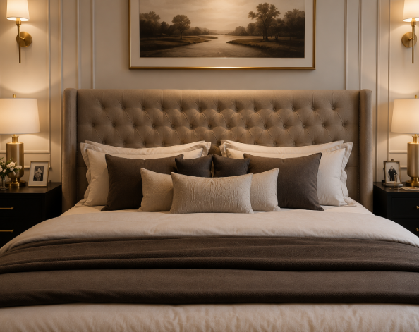 Contemporary Beige Master Bedroom with Warm Ambient Lighting gallery