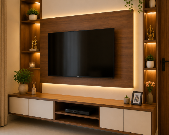 Luxury Contemporary Neutral-Tone Living Room Design with Elegant L-Shaped Sofa, Premium Wooden Coffee Table, Ambient LED Lighting and Sophisticated Modern Entertainment Wall gallery