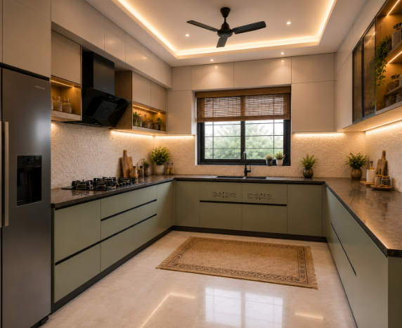 Grand Luxury U-Shaped Modular Kitchen with Hydraulic Lift-Up Wall Cabinets, Ambient Cove Lighting, Designer Textured Backsplash and Intelligent Space-Saving Storage System gallery