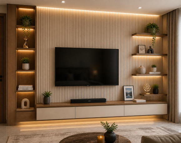 Slim TV Unit Design with Fluted Back Panel and Display Shelves
