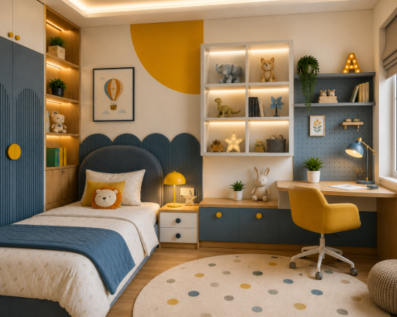 Playful Kid's Bedroom with Colour Blocking, Display Shelves and Study Corner gallery