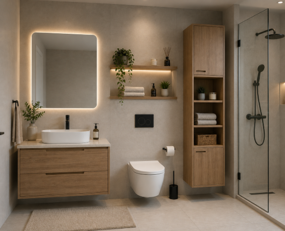 The Royal Warm Oak Contemporary Serenity Luxury Bathroom Retreat with Elegant Minimalist Spa Inspired Interiors
