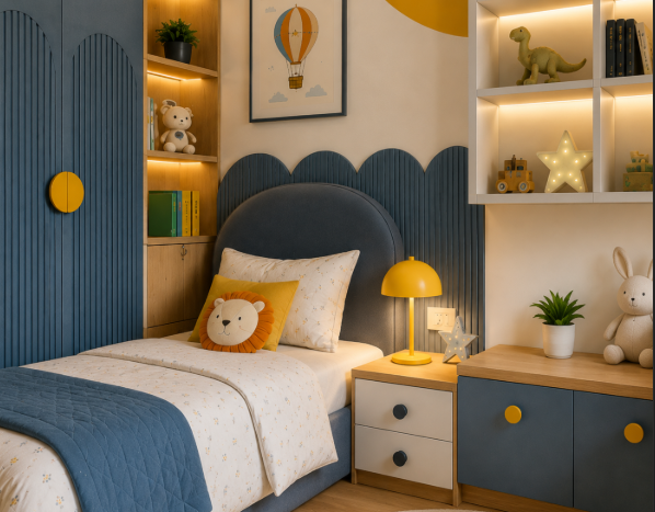Playful Kid's Bedroom with Colour Blocking, Display Shelves and Study Corner gallery