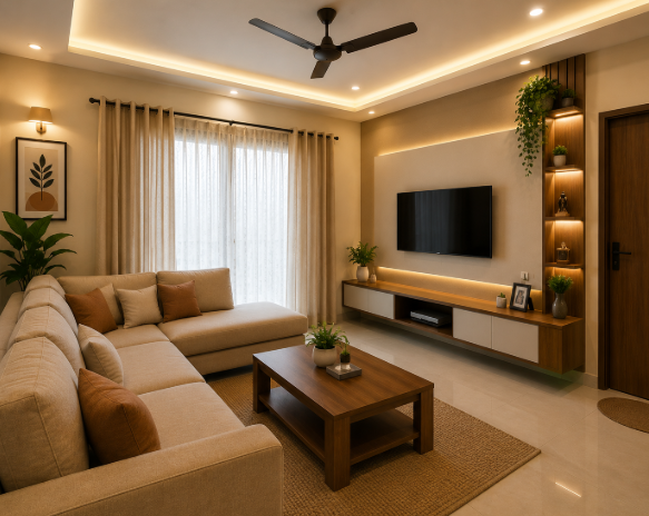 Luxury Contemporary Neutral-Tone Living Room Design with Elegant L-Shaped Sofa, Premium Wooden Coffee Table, Ambient LED Lighting and Sophisticated Modern Entertainment Wall gallery