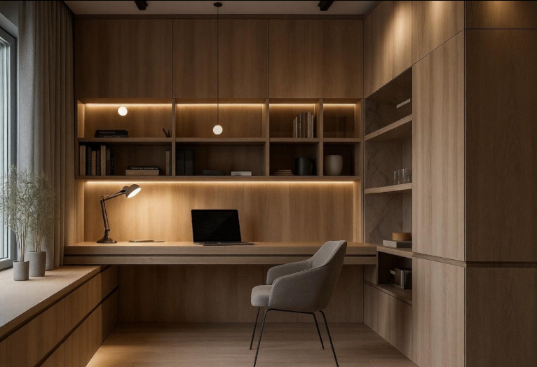 Focused Study Nook with Wall Storage, Wood Desk and Task Lighting