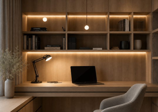 Focused Study Nook with Wall Storage, Wood Desk and Task Lighting gallery