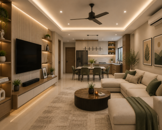 2BHK Home Interior with Coordinated Kitchen, Living and Bedroom Styling gallery