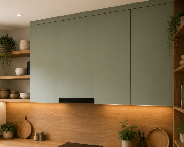 Grey and Walnut Modern Island Kitchen Design with Quartz Countertops gallery