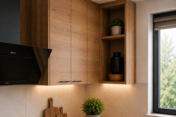 Grey and Acacia Contemporary U-Shaped Kitchen Design with Wood Countertops gallery