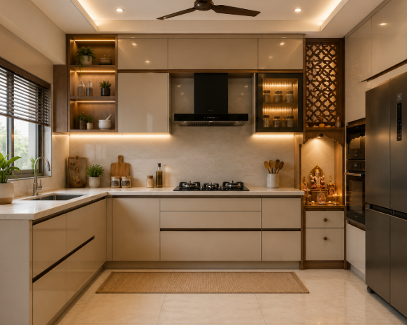 Luxury Modern L-Shaped Kitchen Design with Champagne Beige Cabinets, Seamless Storage Solutions, Premium Quartz Surfaces and Warm Ambient Illumination