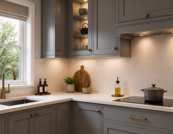 Classic L-Shaped Kitchen Design with Grey Cabinets and Drawers and Quartz Top gallery
