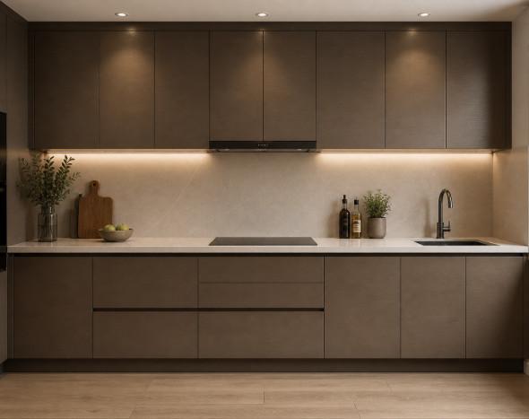 Contemporary Mocca Nat Straight Kitchen Design with Quartz Countertops