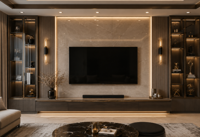 THE ROYALE MONARCH CELESTIAL PRESTIGE TV UNIT Ultra Luxury Signature Marble Entertainment Wall With Grand Ambient Display Architecture