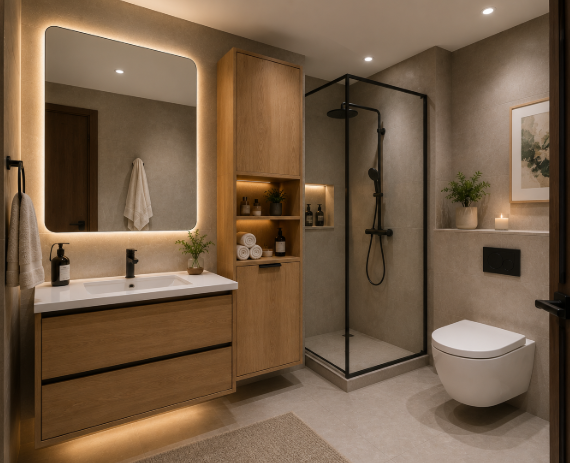 The Warm Walnut Serenity Spa Bathroom with Modern Ambient Luxury Design gallery