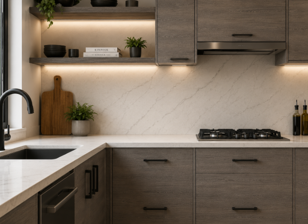 Contemporary Grey Acacia L-Shaped Kitchen Design with Quartz Countertop gallery