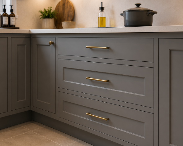 Classic L-Shaped Kitchen Design with Grey Cabinets and Drawers and Quartz Top gallery