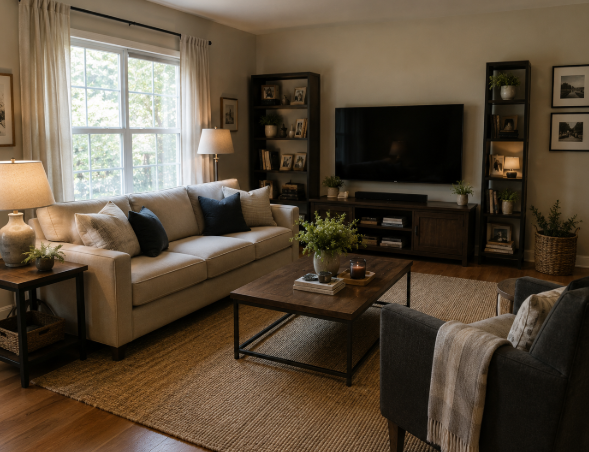 The Grand Walnut Harmony Living Lounge with Warm Ambient Elegance and Contemporary Family Comfort Design