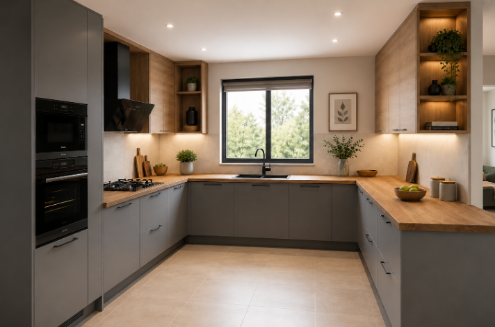 Grey and Acacia Contemporary U-Shaped Kitchen Design with Wood Countertops gallery