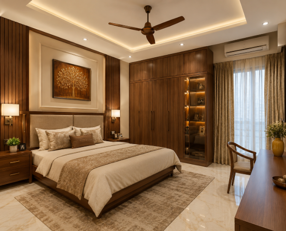 Imperial Haven Master Suite with Warm Walnut Paneling and Signature Ambient Luxury Design