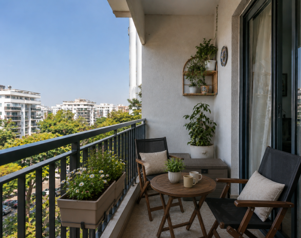 The Majestic Skyline Serenity Outdoor Balcony Retreat – A Contemporary Open-Air Patio Lounge Blending Urban Luxury, Natural Calm, and Elevated Modern Living Experience