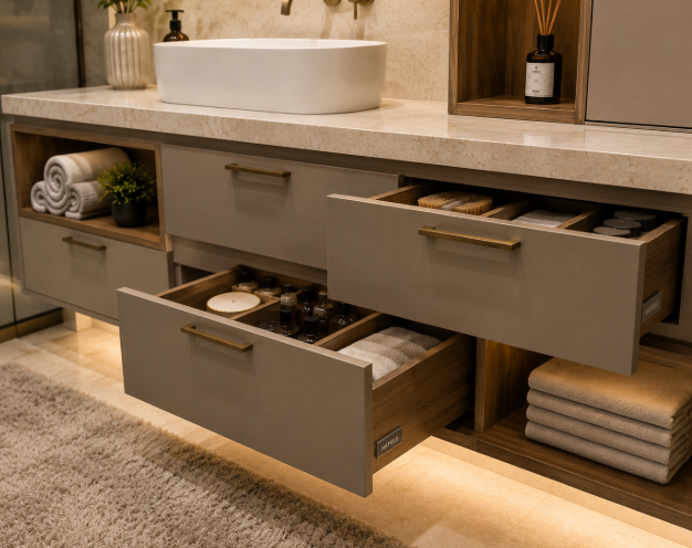 Premium Contemporary Floating Bathroom Vanity Design with Soft Beige Cabinetry, Integrated Organizer Drawers gallery