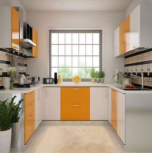 Grey and Orange Modern Eclectic U-Shaped Kitchen Design with Quartz Topdd