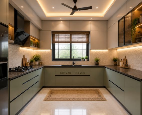 Grand Luxury U-Shaped Modular Kitchen with Hydraulic Lift-Up Wall Cabinets, Ambient Cove Lighting, Designer Textured Backsplash and Intelligent Space-Saving Storage System