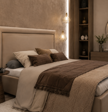 Soft Beige Master Bedroom with Layered Lighting and Upholstered Backrest gallery