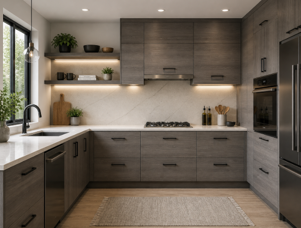 Contemporary Grey Acacia L-Shaped Kitchen Design with Quartz Countertop