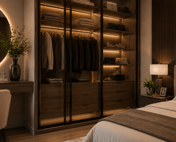 Contemporary Walnut Master Bedroom with Warm Ambient Lighting and Glass Wardrobe Design gallery