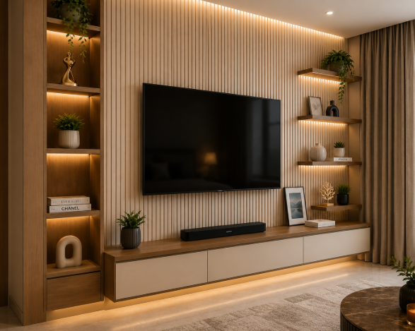 Slim TV Unit Design with Fluted Back Panel and Display Shelves gallery