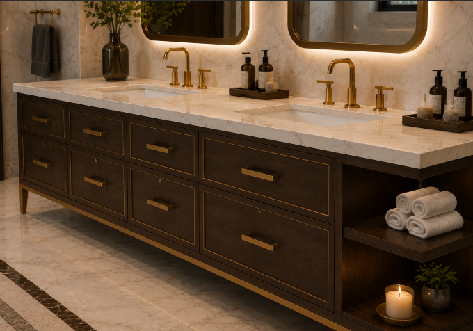 The Royal Walnut Marble Spa Retreat with Golden Ambient Luxury Vanity Design gallery