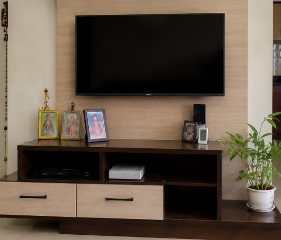 Elegant Indian Family Living Lounge with Warm Walnut Entertainment Unit, Traditional living room gallery