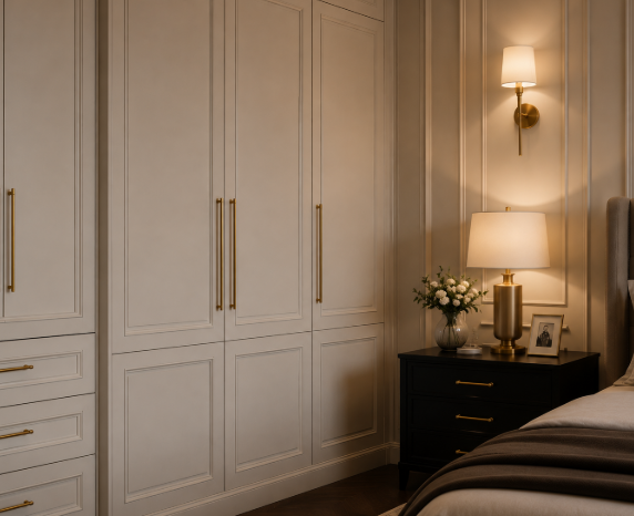 Contemporary Beige Master Bedroom with Warm Ambient Lighting gallery