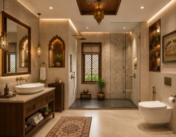 The Royal Sandstone Serenity Spa Bathroom with Timeless Indian Luxury and Warm Contemporary Elegance