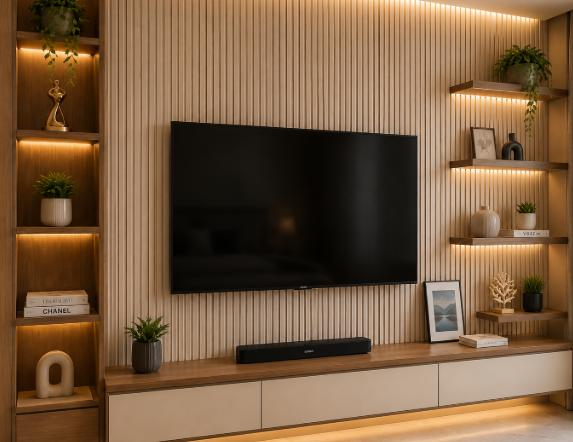 Slim TV Unit Design with Fluted Back Panel and Display Shelves gallery