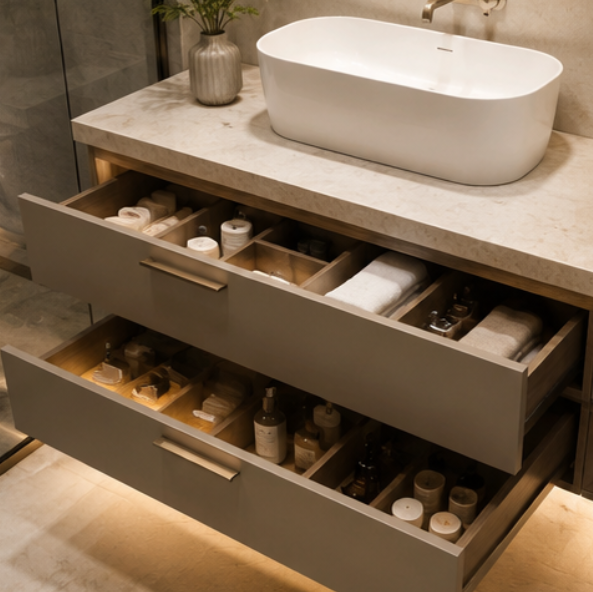 Premium Contemporary Floating Bathroom Vanity Design with Soft Beige Cabinetry, Integrated Organizer Drawers gallery