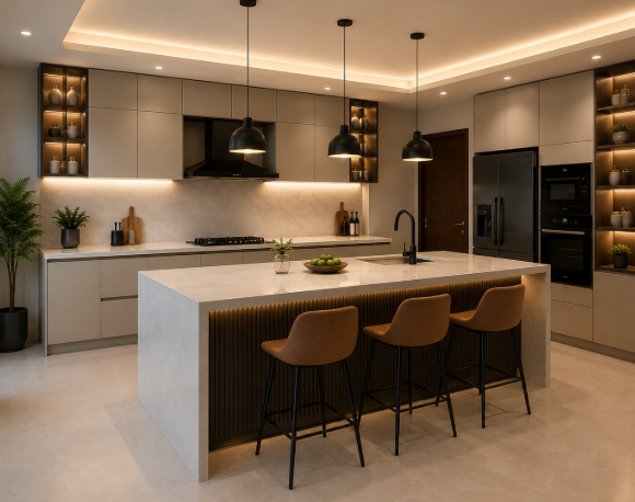 Premium Contemporary Island Kitchen Design with Soft Beige Cabinetry, LED-Lit Display Shelves and Elegant Marble Finish gallery